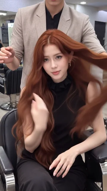 AI style reference · Long copper-toned waves, shown from the front as the hair is lifted and released.