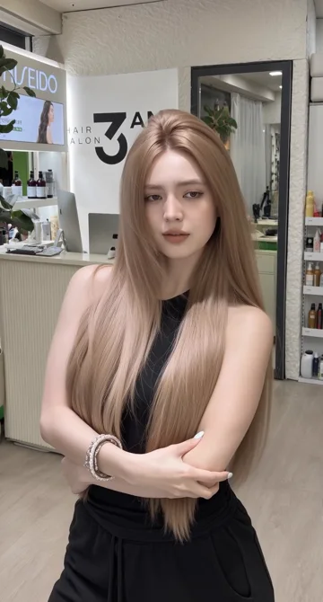 AI style reference · A light-brown long-hair look, showing a straighter finish and the front outline.