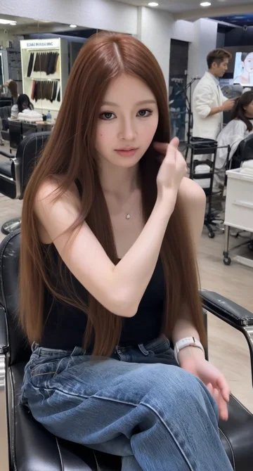 AI style reference · Warm brown long hair with a centre-parted shape and movement at the front.