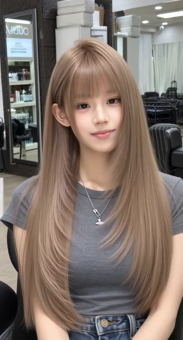 AI style reference · A beige-brown layered look with a fringe and visible shaping around the face.