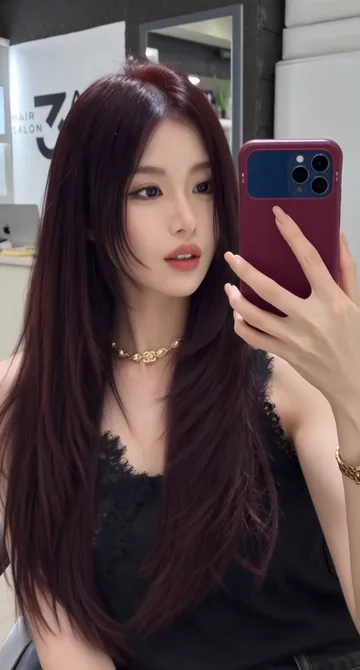 AI style reference · A wine-red long-hair shape in a mirror view.
