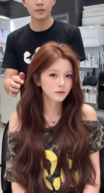 AI style reference · Auburn hair with broad wave shapes through the lengths.