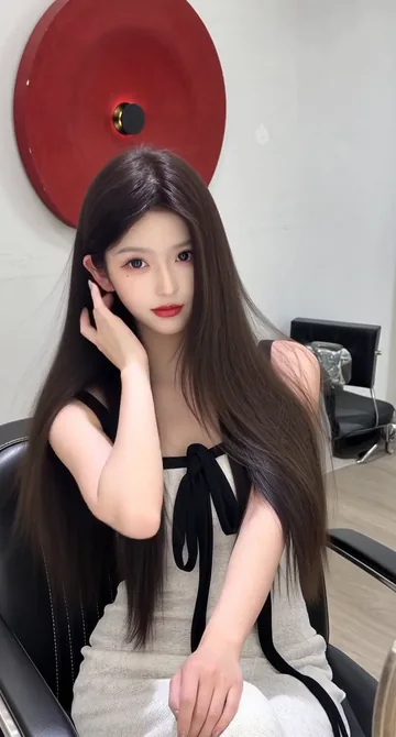 AI style reference · Long dark hair with a straighter, continuous outline.