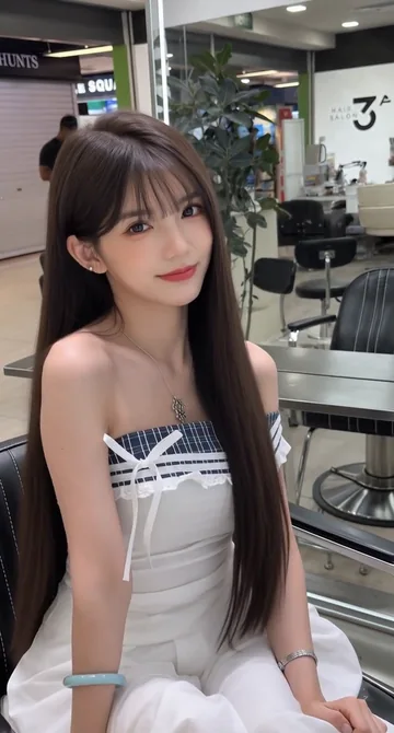 AI style reference · Dark long hair with a fuller fringe across the front.