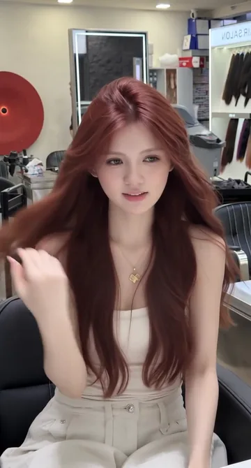 AI style reference · Berry-red hair with long front layers.