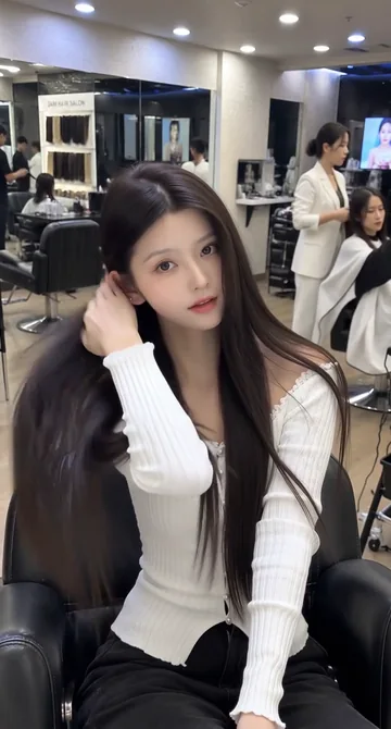 AI style reference · Dark long hair with loose wave shapes through the lengths.